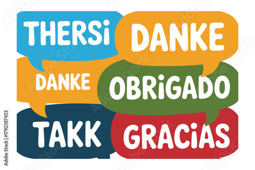 Colorful speech bubbles display the word "thank you" in various languages, symbolizing global gratitude and communication.