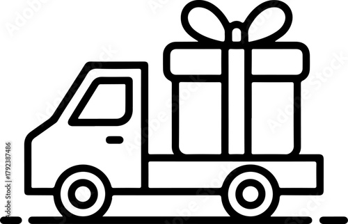 Delivery truck carrying a large gift box with a bow