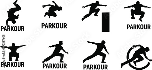 Parkour silhouette vector, dynamic poses, jumping, flipping, running, leaping, obstacle movement, athletic action, urban sport, black illustration, agility, motion