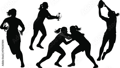 Rugby silhouette vector, running, jumping, tackling, passing, catching, black illustration, athlete motion, sports action, team game, dynamic pose, competition