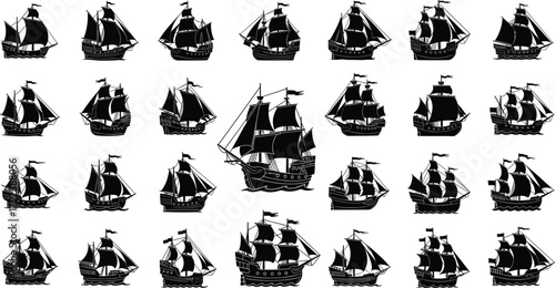Sailing ship silhouettes, vintage vessels, maritime icons, tall ships, sea travel, rigging, sails, flags, nautical design, historic fleet, black vector art