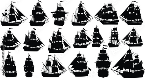 Sailing ship silhouettes, vintage vessels, nautical icons, maritime history, tall ships, rigging, sails, flags, sea travel, black vector illustration