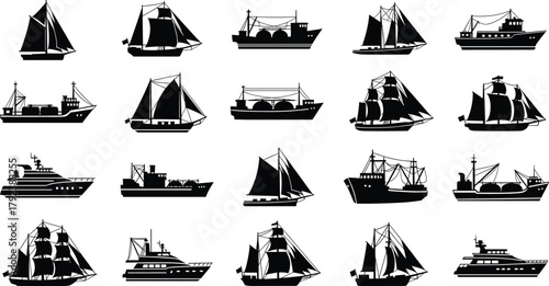 Ship silhouette vector, sailboats, fishing boats, cargo vessels, yacht, marine transport, black illustration, nautical design, sea travel, fleet icon, maritime graphic