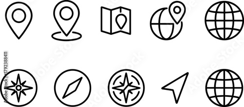 Location and navigation icons set. Map pin, route, destination, global positioning. Outline vector illustrations