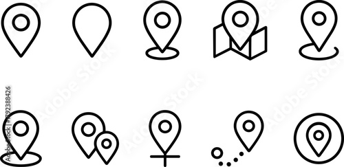 Location and navigation icons set. Map pin, route, destination, global positioning. Outline vector illustrations