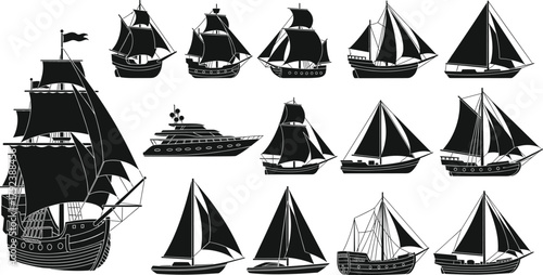 Ship silhouette vector, sailing boats, fishing vessels, yacht, maritime transport, black illustration, nautical design, sea travel, vintage ship, marine icon, fleet
