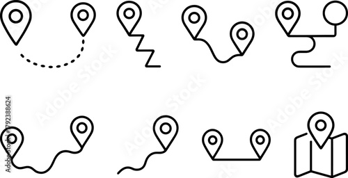 Location and navigation icons set. Map pin, route, destination, global positioning. Outline vector illustrations