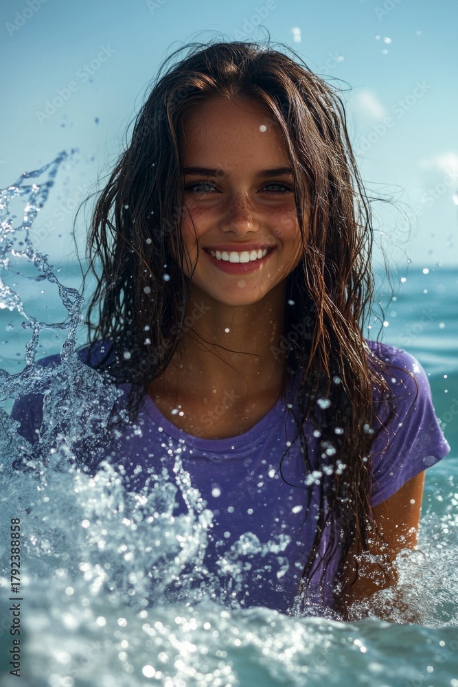 Obraz premium Happy stress-free getaway visual idea. Bright Ñommercial style. Attractive and hot happy mixed-race young woman in purple tight t-shirt enjoying turquoise sea, splashes around her.