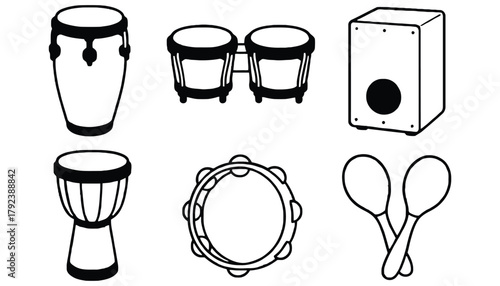 Percussion instruments set conga bongo djembe cajon maracas tambourine