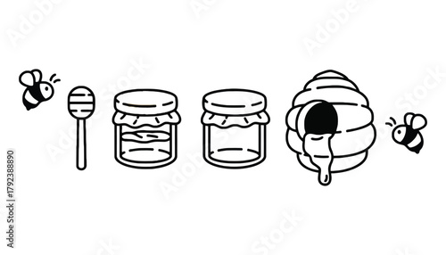 Honey bees and honey jars illustration vector graphic design