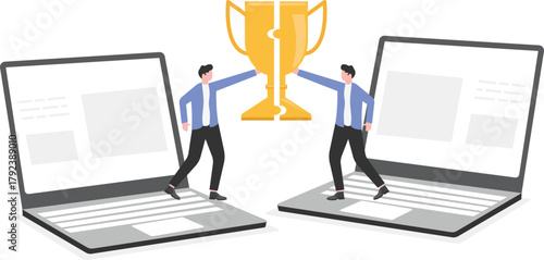 Achieve goal concept, businessman try to connect trophy jigsaw piece, business difficulty or struggle with career to overcome to success. S
