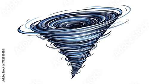 A swirling blue and gray tornado against a white background