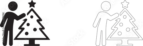 Man decorating a Christmas tree. Vector icon.