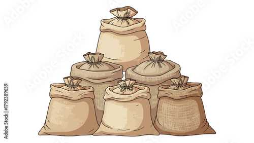 A stack of seven burlap sacks of varying sizes