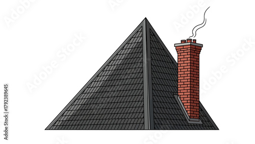A steeply sloped dark gray roof with a brick chimney emitting smoke