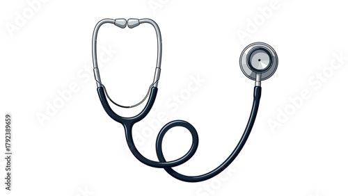 A stethoscope with a black tube and silver earpieces on a white background