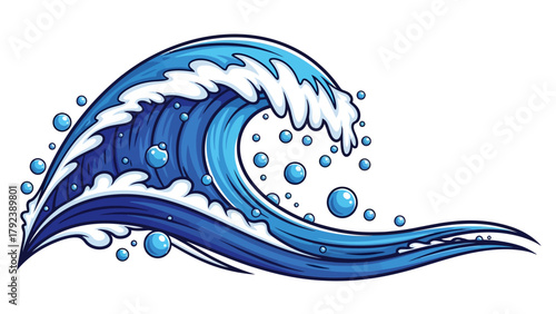 A stylized blue wave with white foam and bubbles