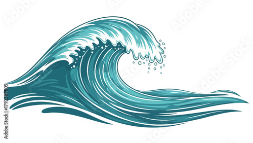 A stylized blue wave breaking with white foam and bubbles