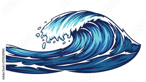 A stylized blue wave with white foam and splashes