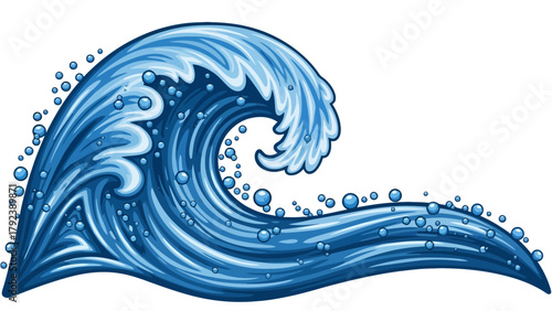 A stylized cartoon wave with many blue bubbles