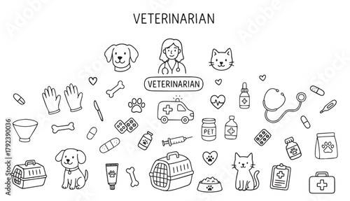 A vector illustration depicting various veterinary tools includes medical equipment and pet care essentials related to veterinary topics.