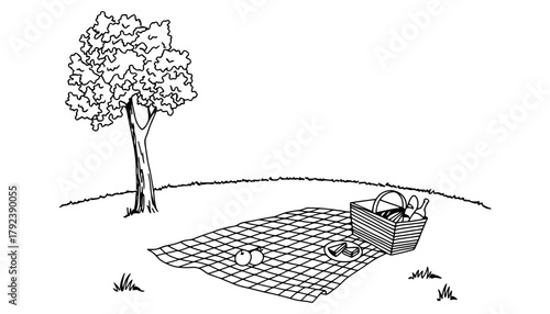 Picnic illustration in black and white vector art design