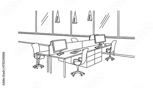 Office interior design workspace with computers and furniture