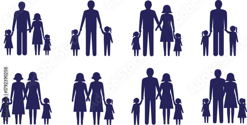 Family silhouettes, diverse parents, children holding hands, modern family icons, inclusive relationships, symbolic figures, unity, parenting, love, care, LGBT family, father, mother, kids