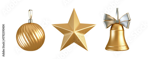 golden christmas decoration isolated on white. Golden ball, star, bell isolated on white