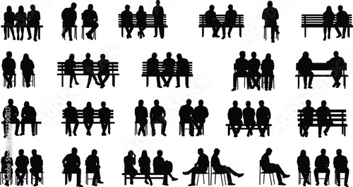 People, sitting, silhouettes, bench, chair, posture, group, social, interaction, public, space, design, quiet, talking, leaning, urban, lifestyle, community, seating, arrangement,