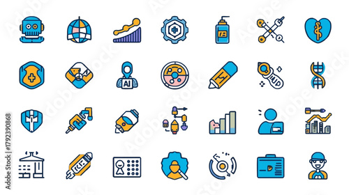 A flat-style vector icon collection representing themes such as Artificial Intelligence (AI), robotics, globe/global business, growth charts, gear mechanisms, medical health, finance, DNA, 