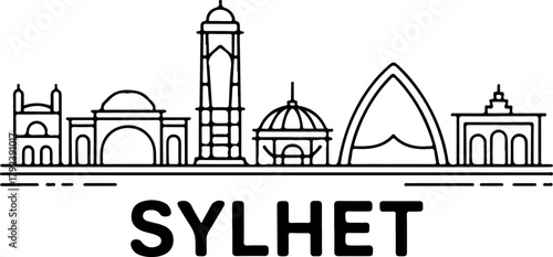 Sylhet city skyline silhouette with famous landmarks