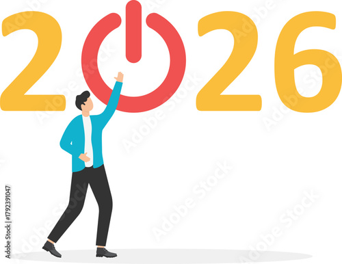 Businessman pushing start button to start up new business in 2026

