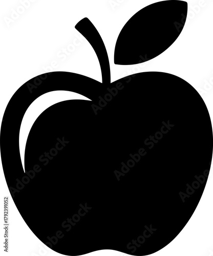 Simple black silhouette of an apple with a stem and leaf