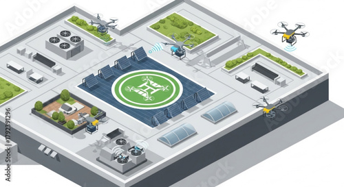Isometric illustration of a rooftop drone port with multiple drones landing and taking off