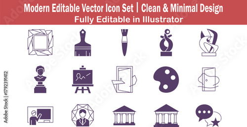 Minimalist art exhibition icon set, flat 2D vector frames, paintbrush, sculpture, creative geometric symmetry design