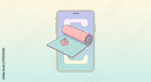 Online fitness app concept with yoga mat and block on smartphone screen for convenient workout access