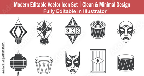 Minimalist cultural festival icon set, flat 2D vector lanterns, drums, masks, geometric balance, symbolic design