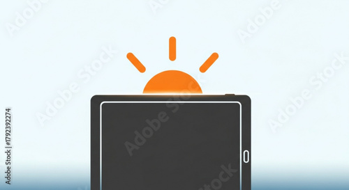 A tablet with a sun rising above it, symbolizing a bright start to the day, concept of technology