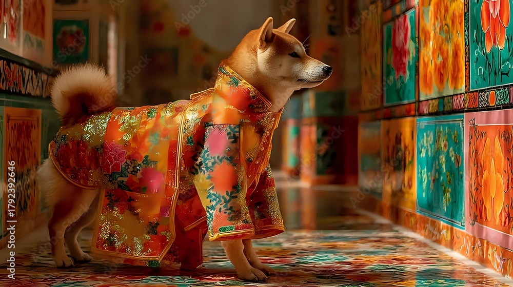 Fototapeta premium Shiba inu in a sparkled formal tunic walking past colorful wall panels in a vibrant decorated space