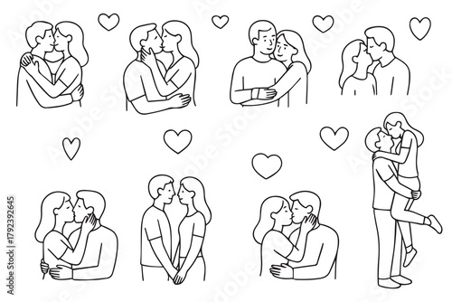 A romantic couple hugging and kissing in various positions. Perfect for concepts of love, affection, and relationships.