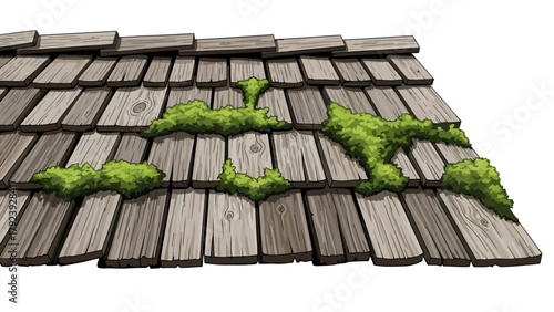 A weathered wooden roof with patches of green moss