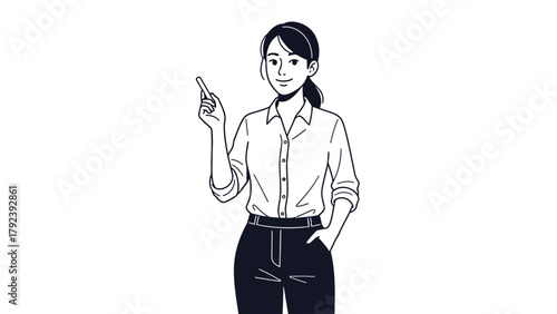 A woman in a dress shirt and pants points up