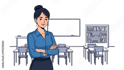 A woman in a blue shirt and skirt stands in a classroom with desks and a bookshelf