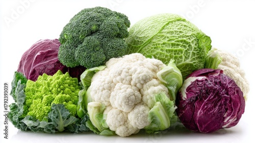 Assortment of fresh cruciferous vegetables including broccoli, cauliflower, various cabbages, and romanesco on white background for healthy nutrition