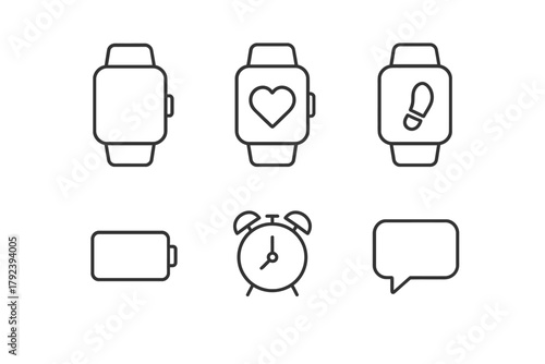 Smartwatch icons: heart rate, step tracker, battery, alarm, chat bubble