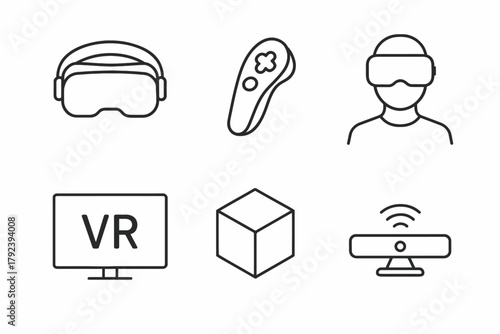 Virtual reality icons: vr headset, controller, avatar, screen, cube, sensor