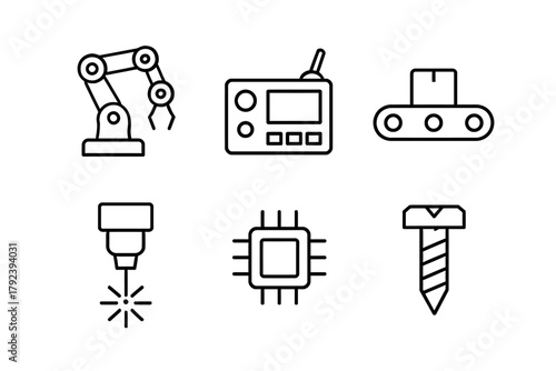 Industrial icons: robotics, circuit, conveyor, cnc, screw, control panel