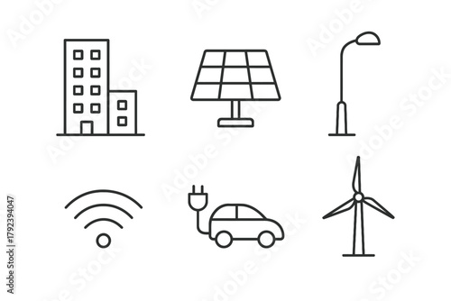 Sustainable energy icons: buildings, solar panels, streetlights, wifi, electric cars, wind turbines