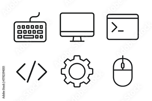 Computer and coding icons set: keyboard, monitor, code, mouse, gear for tech ui